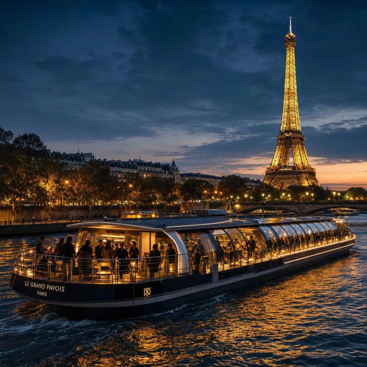 Seine River cruise at night with Eiffel Tower, Paris
